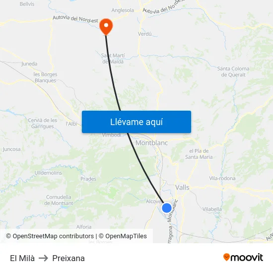 El Milà to Preixana map