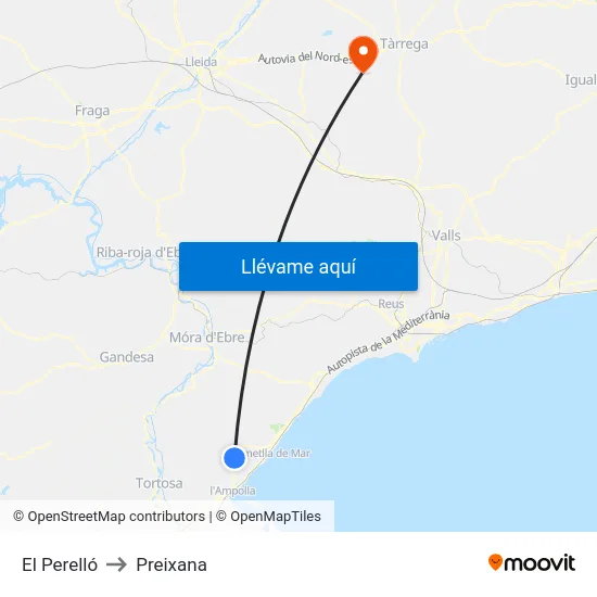 El Perelló to Preixana map