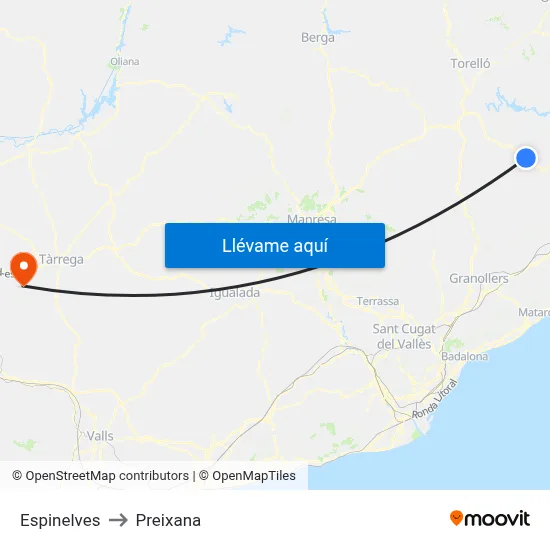 Espinelves to Preixana map