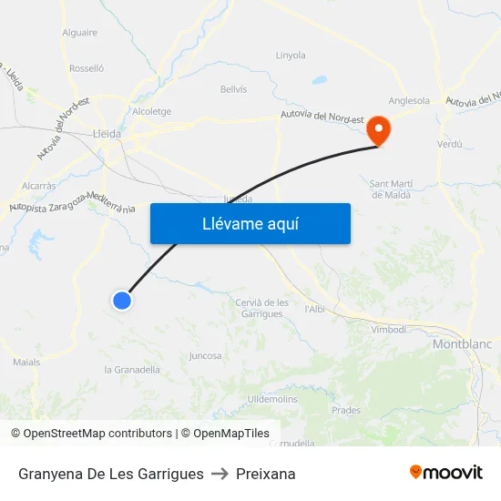 Granyena De Les Garrigues to Preixana map