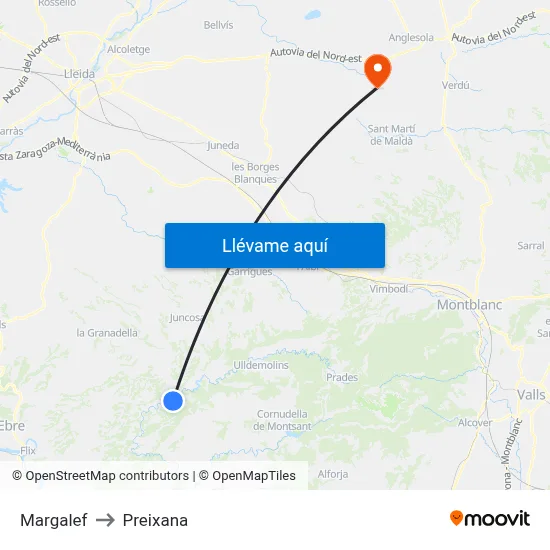 Margalef to Preixana map