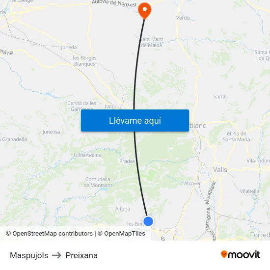Maspujols to Preixana map