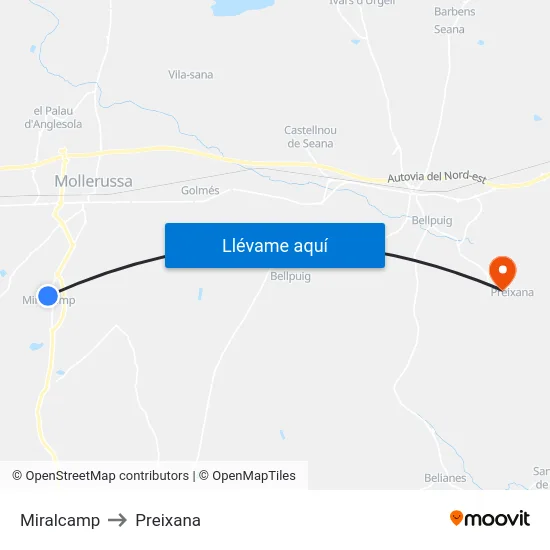Miralcamp to Preixana map