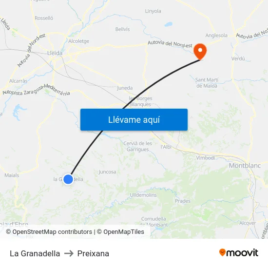 La Granadella to Preixana map