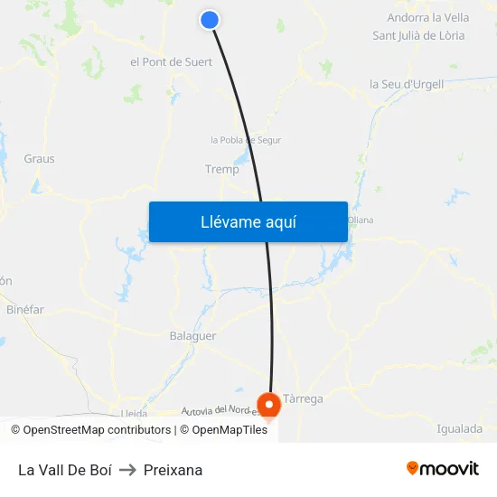 La Vall De Boí to Preixana map