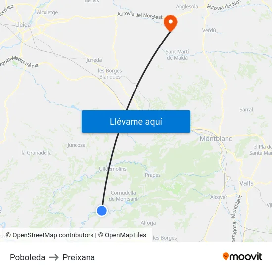 Poboleda to Preixana map