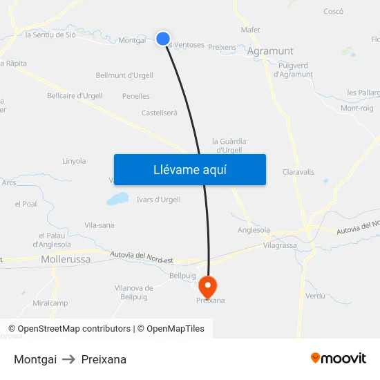 Montgai to Preixana map