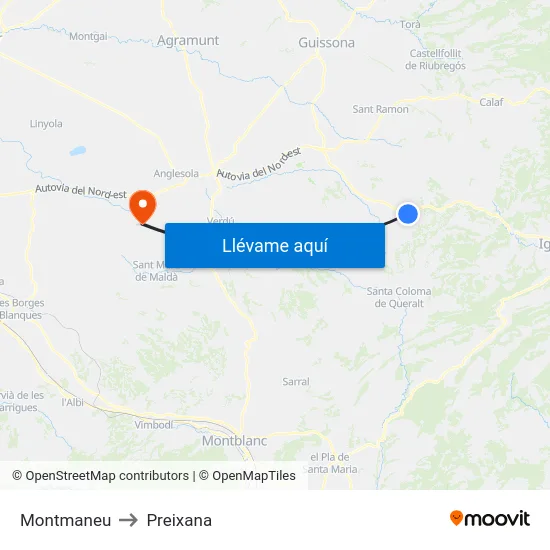 Montmaneu to Preixana map