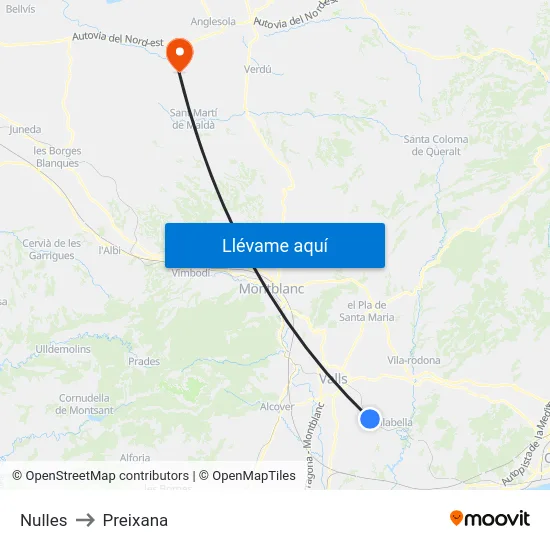 Nulles to Preixana map