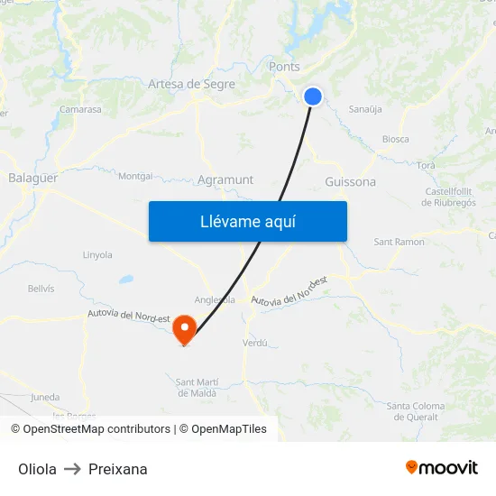 Oliola to Preixana map