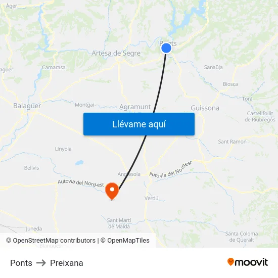 Ponts to Preixana map