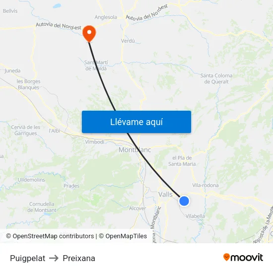 Puigpelat to Preixana map
