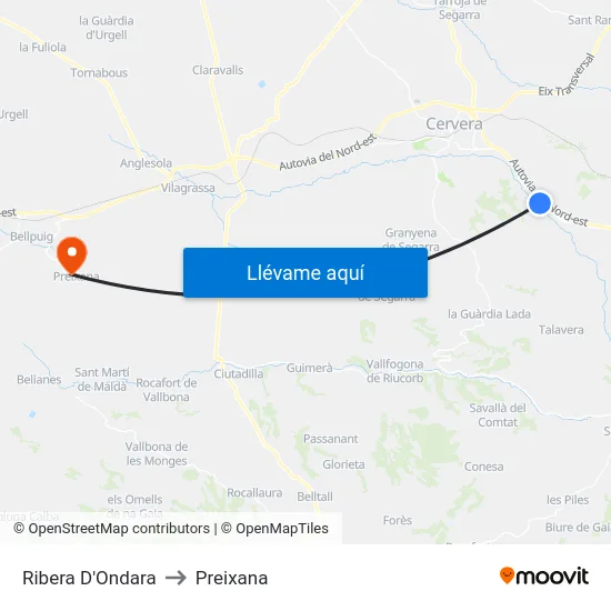 Ribera D'Ondara to Preixana map