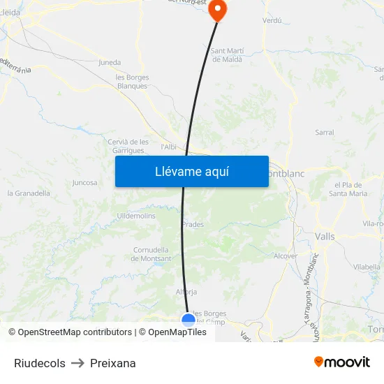 Riudecols to Preixana map
