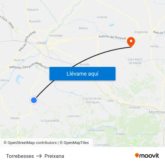 Torrebesses to Preixana map