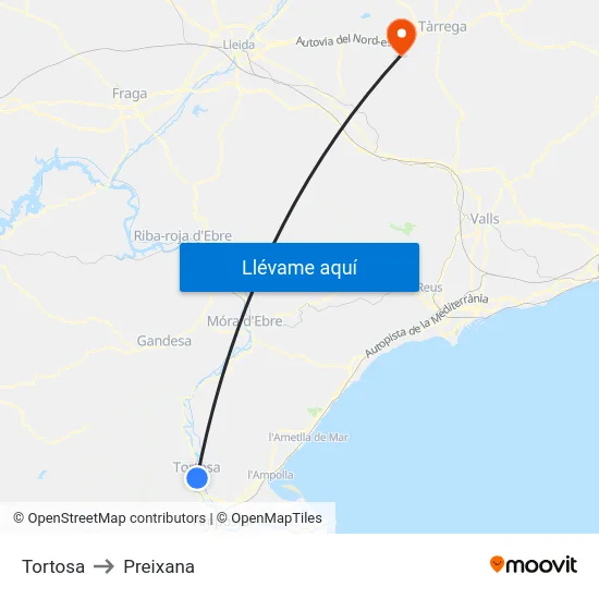 Tortosa to Preixana map