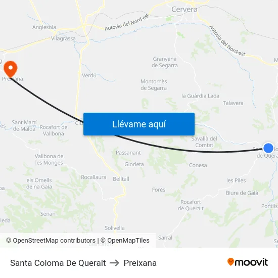Santa Coloma De Queralt to Preixana map