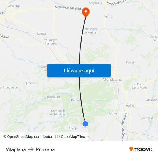 Vilaplana to Preixana map