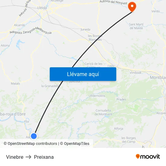 Vinebre to Preixana map