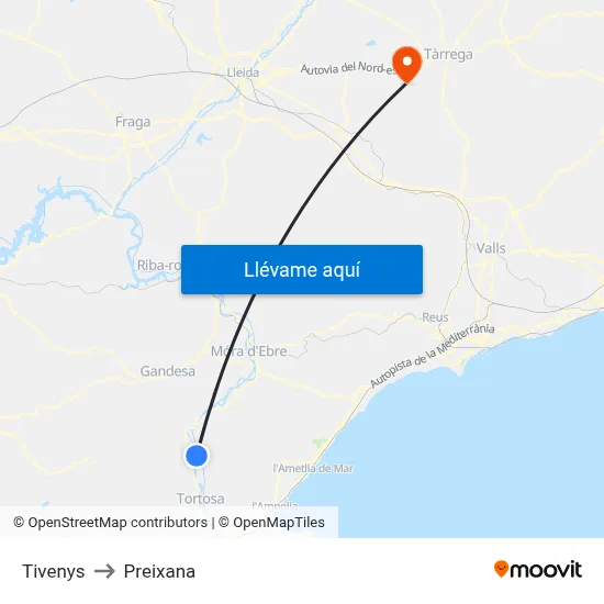 Tivenys to Preixana map