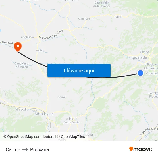 Carme to Preixana map