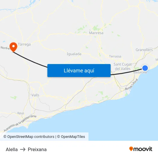 Alella to Preixana map