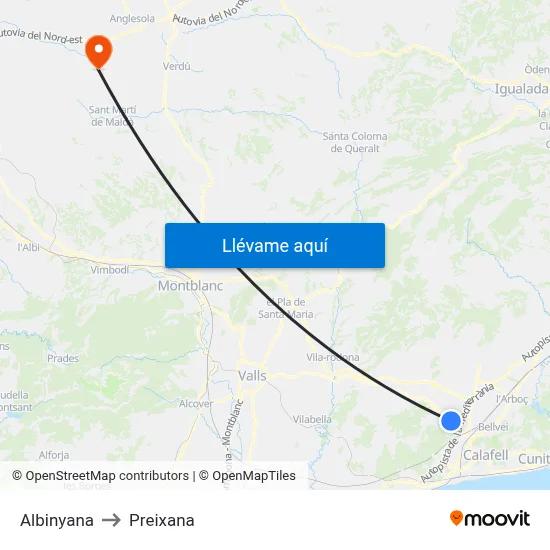 Albinyana to Preixana map