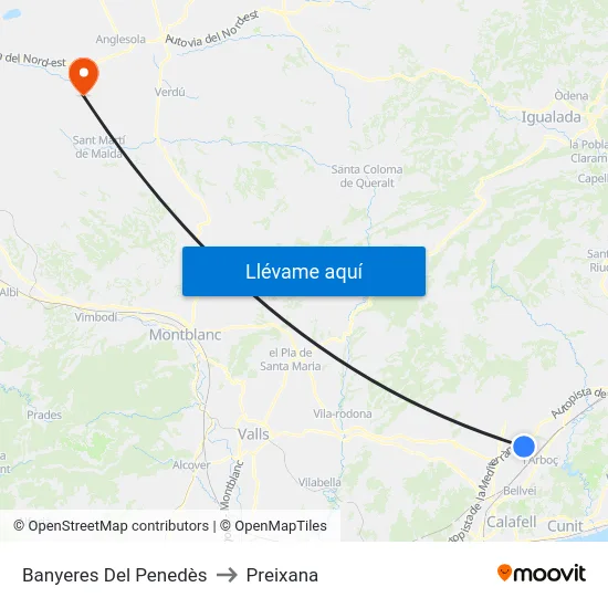 Banyeres Del Penedès to Preixana map