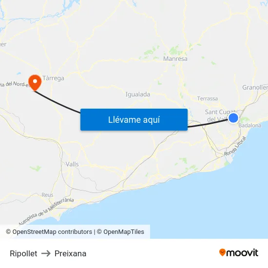 Ripollet to Preixana map