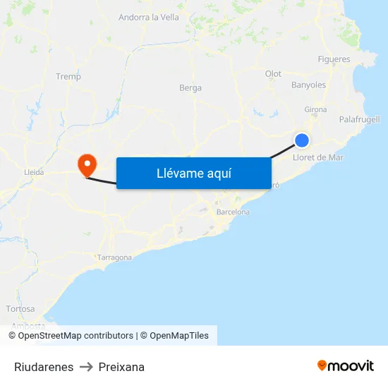 Riudarenes to Preixana map