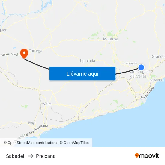 Sabadell to Preixana map