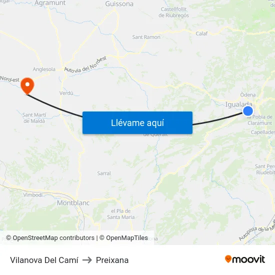 Vilanova Del Camí to Preixana map