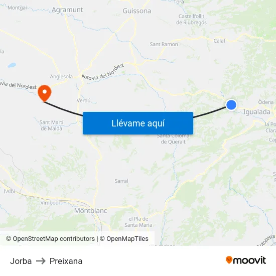 Jorba to Preixana map