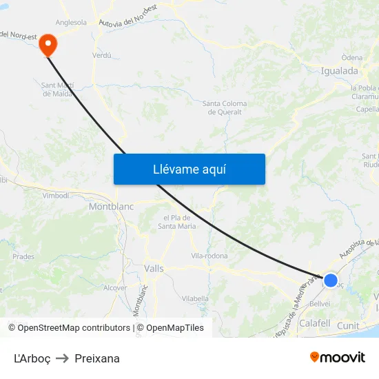 L'Arboç to Preixana map