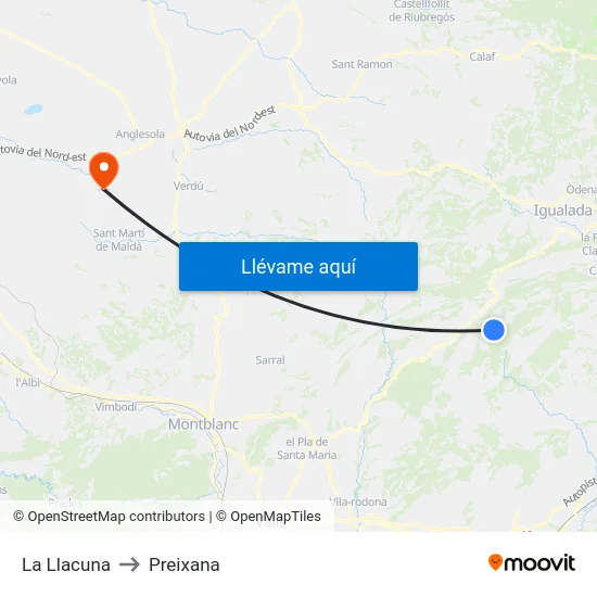 La Llacuna to Preixana map