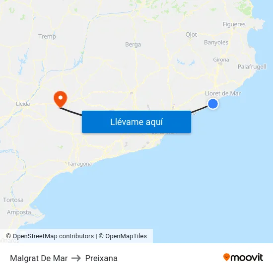 Malgrat De Mar to Preixana map