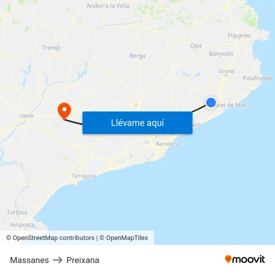 Massanes to Preixana map