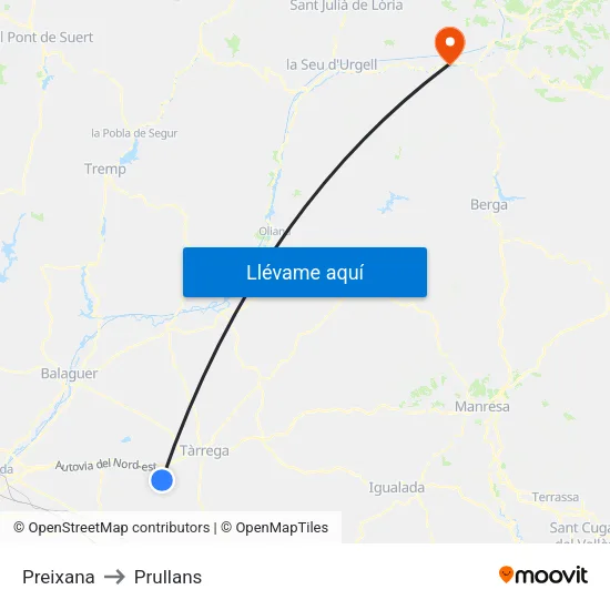 Preixana to Prullans map