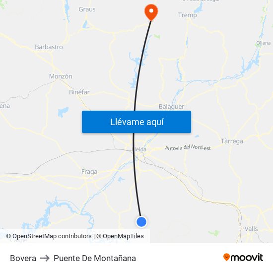 Bovera to Puente De Montañana map