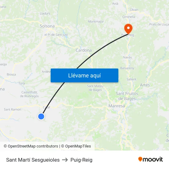 Sant Martí Sesgueioles to Puig-Reig map