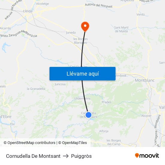 Cornudella De Montsant to Puiggròs map
