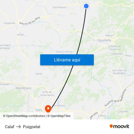 Calaf to Puigpelat map