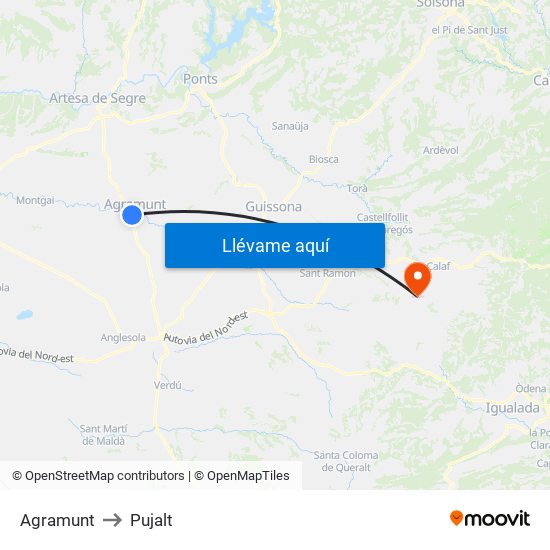 Agramunt to Pujalt map