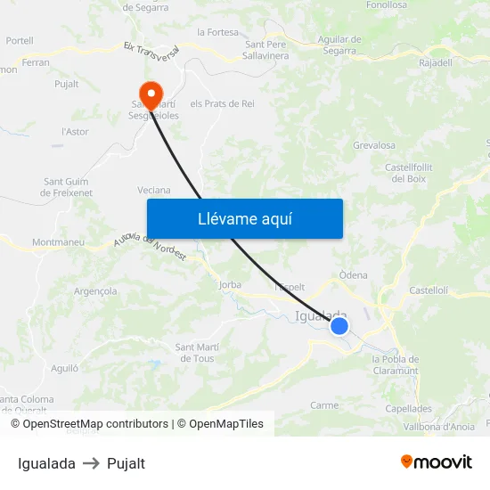Igualada to Pujalt map