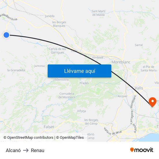 Alcanó to Renau map