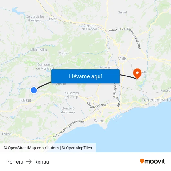 Porrera to Renau map