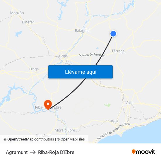 Agramunt to Riba-Roja D'Ebre map