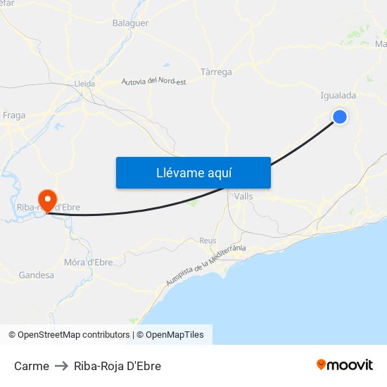 Carme to Riba-Roja D'Ebre map