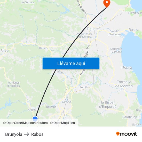 Brunyola to Rabós map