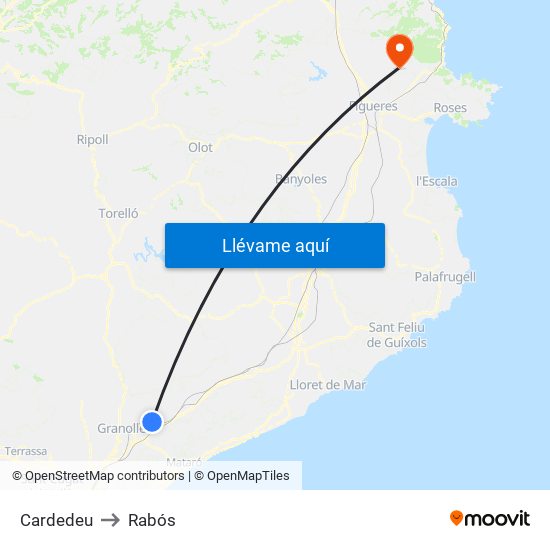 Cardedeu to Rabós map